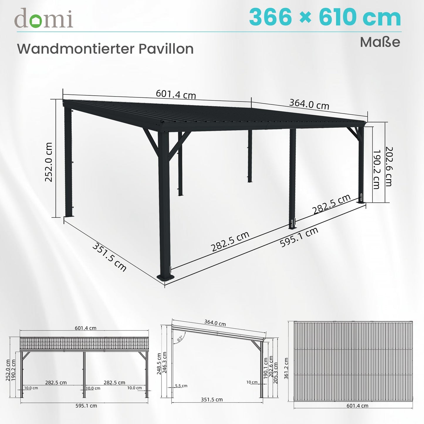 Domi Wandpavillon 3,6x6,1 m Hardtop Stahldach Grau – Groß