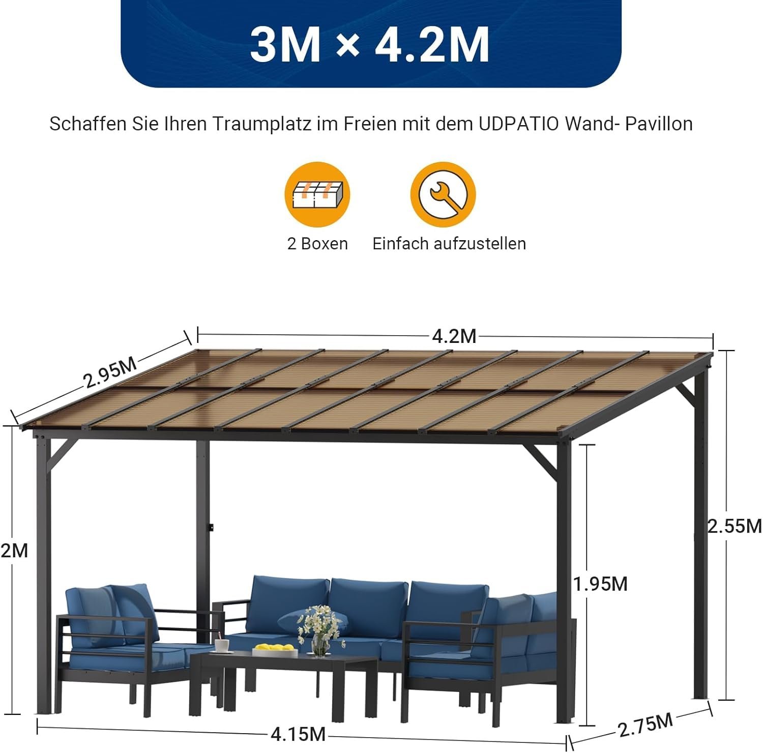 UDPATIO Terrassenüberdachung Borneo 4,2x3m Polycarbonat – Bild 3