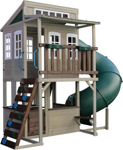 KidKraft Cozy Escape Gartenspielhaus Holz FSC Grau mit Rutsche
