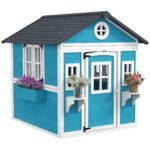 Outsunny Kinderspielhaus Holz Outdoor Blau mit Küche & Fenster