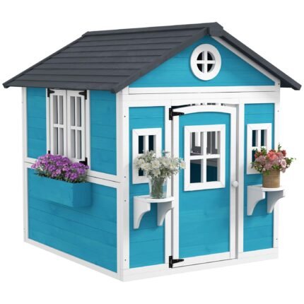 Outsunny Kinderspielhaus Holz Outdoor Blau mit Küche & Fenster