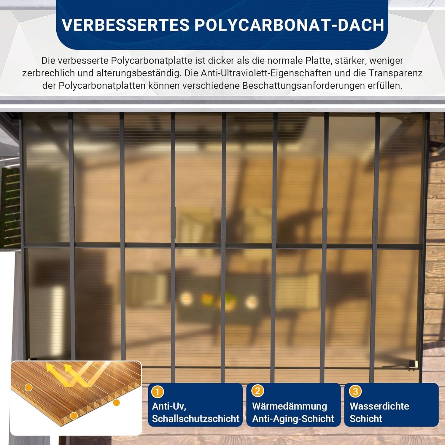 UDPATIO Terrassenüberdachung Borneo 4,2x3m Polycarbonat – Bild 7