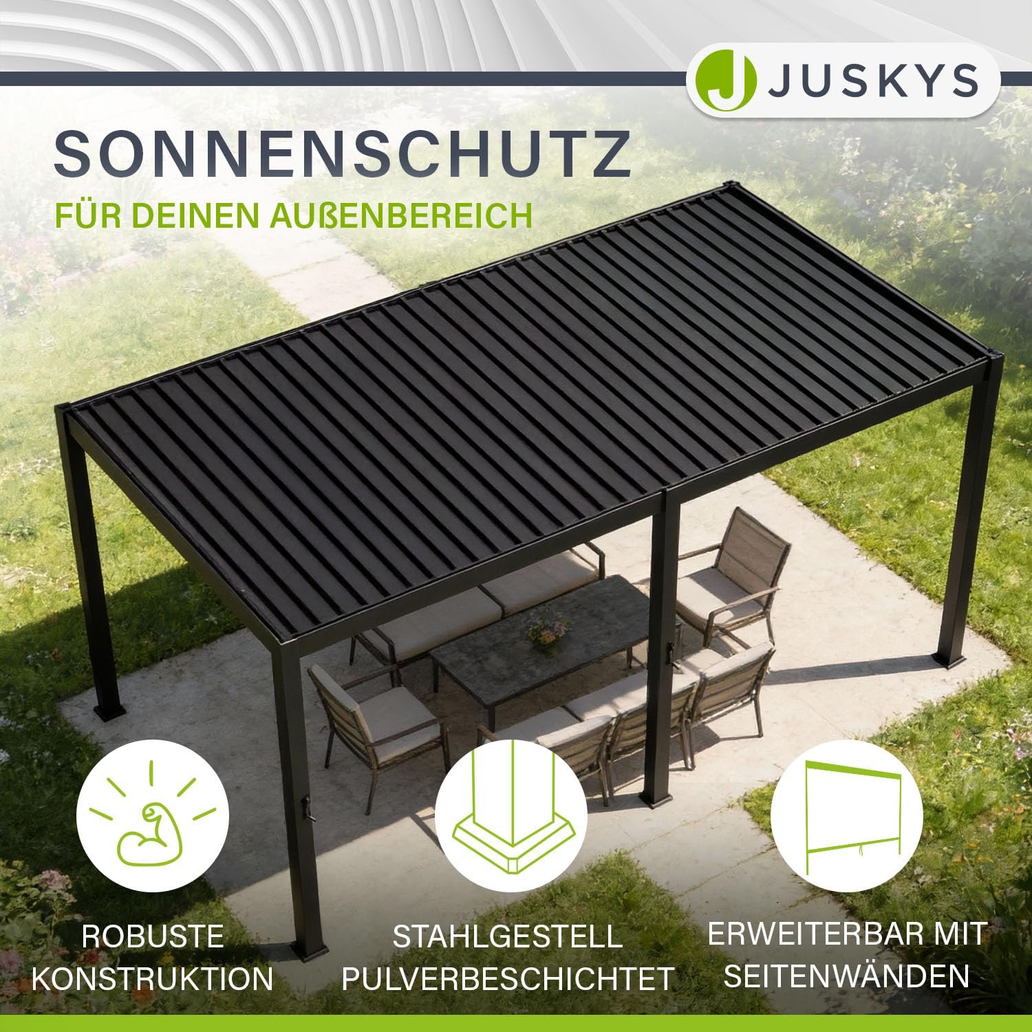 Juskys Lamellendach Tahiti 3x5,9 m mit Seitenwand Anthrazit – Bild 2