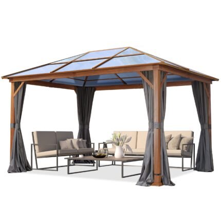 TOOLPORT Gartenpavillon 3x4 m Holzoptik Polycarbonat-Dach Grau