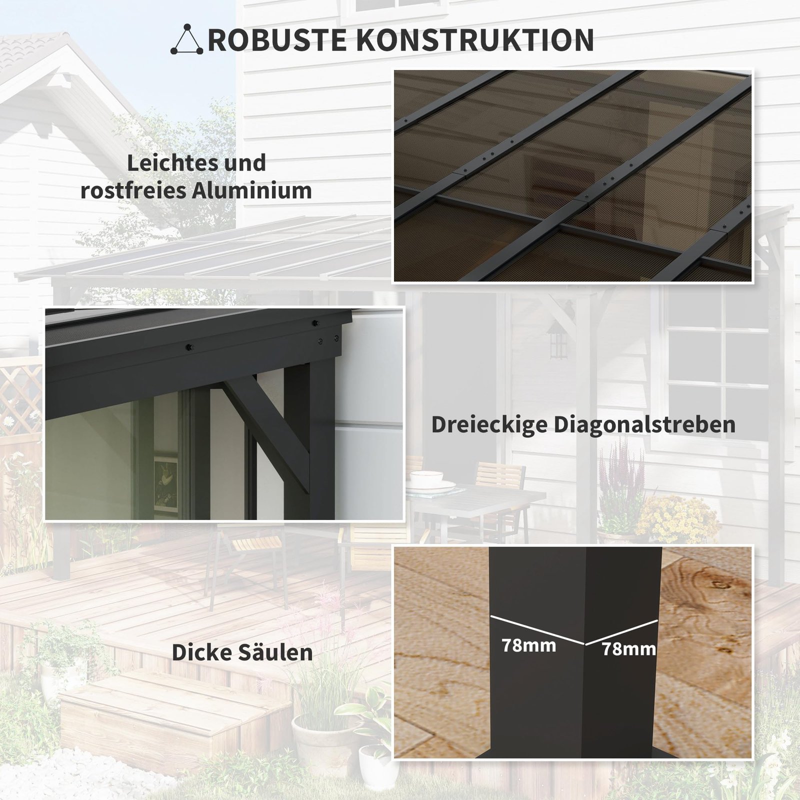 Outsunny Terrassenüberdachung 3x4,3m Polycarbonat Alu Grau – Bild 6