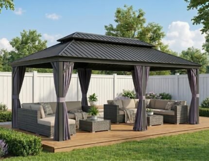 PURPLE LEAF Pavillon 3,65x6m Hardtop Stahldach Grau & Seitenteile