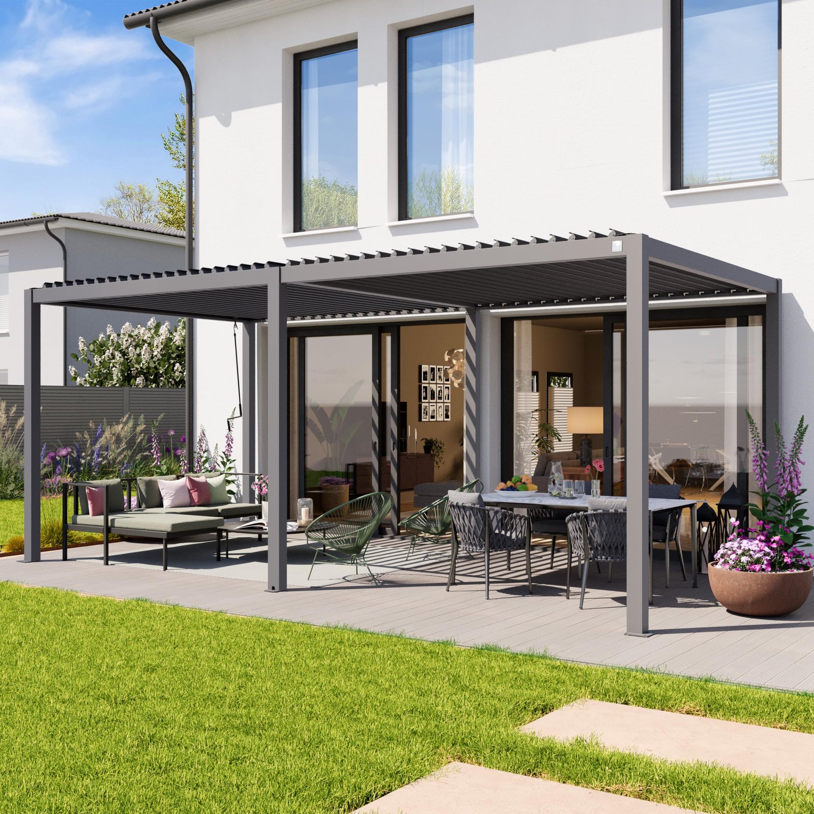PRIMEYARD Pergola 3x6m Aluminium Lamellendach Stahl Grau – Bild 2