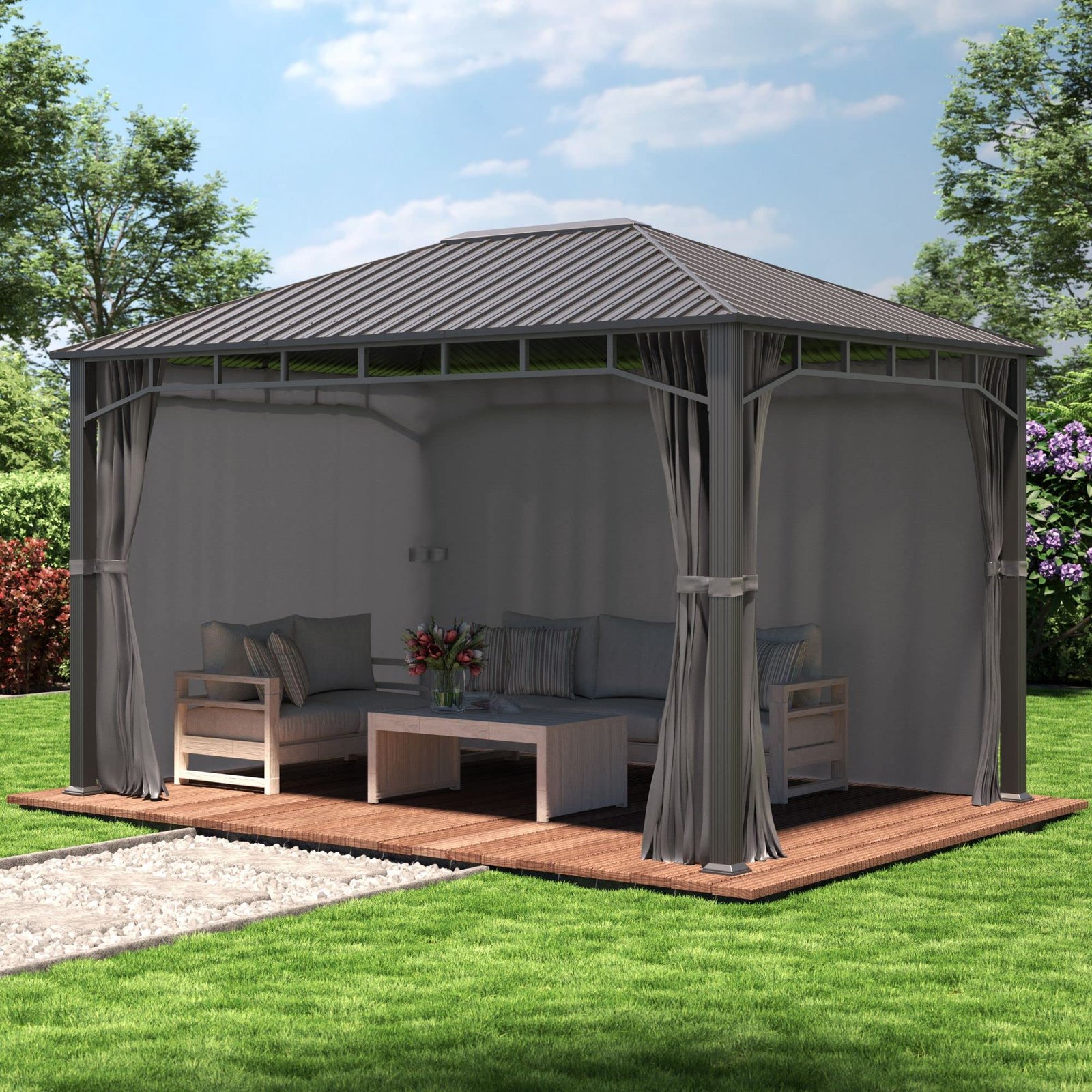 TOOLPORT Gartenpavillon 3x4 m Hardtop Stahldach 4 Seitenteile Grau – Bild 2