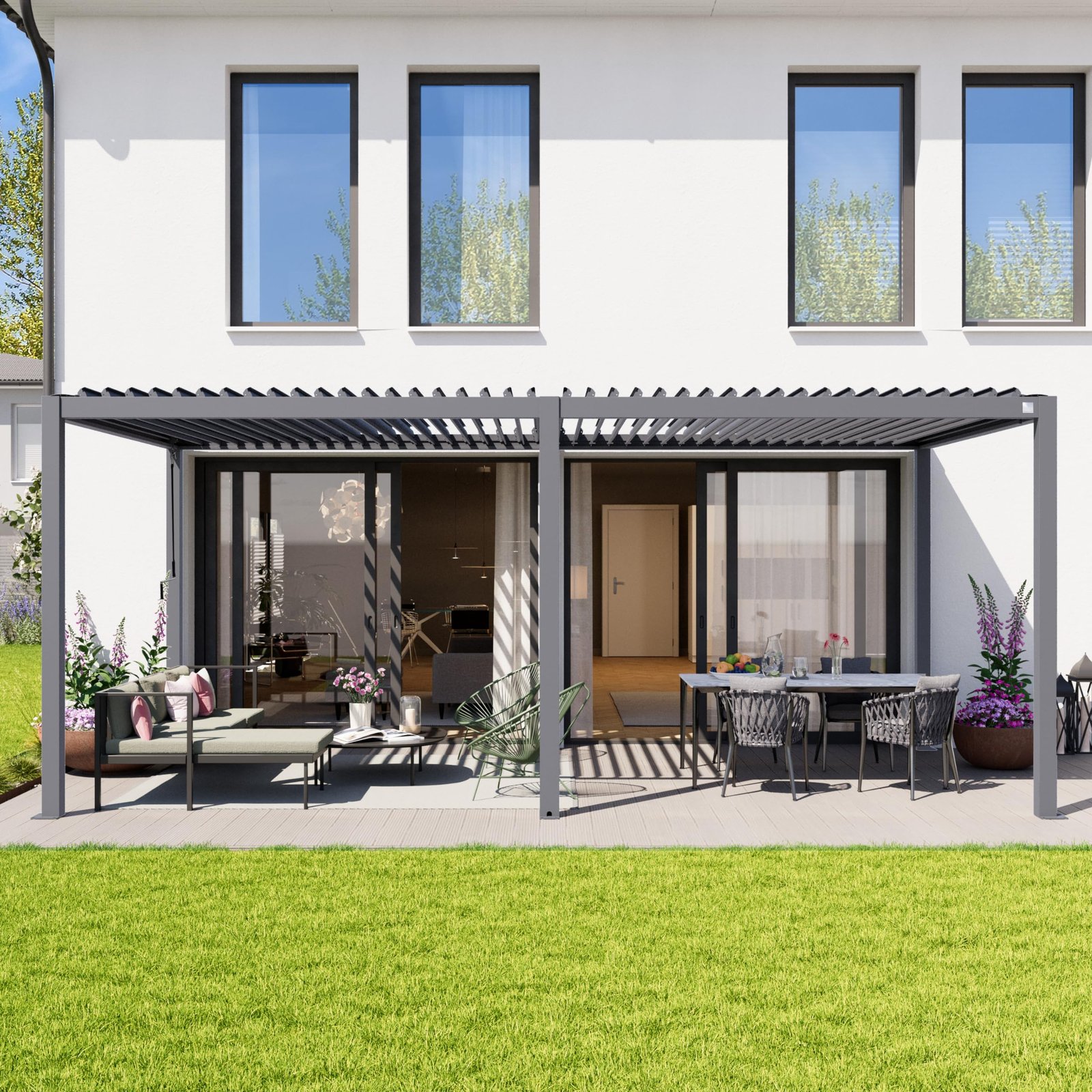 PRIMEYARD Pergola 3x6m Aluminium Lamellendach Stahl Grau – Bild 3