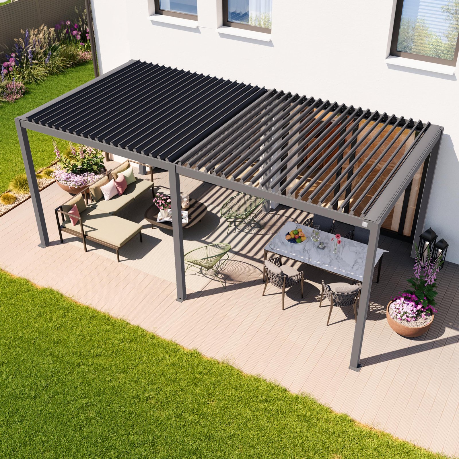 PRIMEYARD Pergola 3x6m Aluminium Lamellendach Stahl Grau – Bild 4